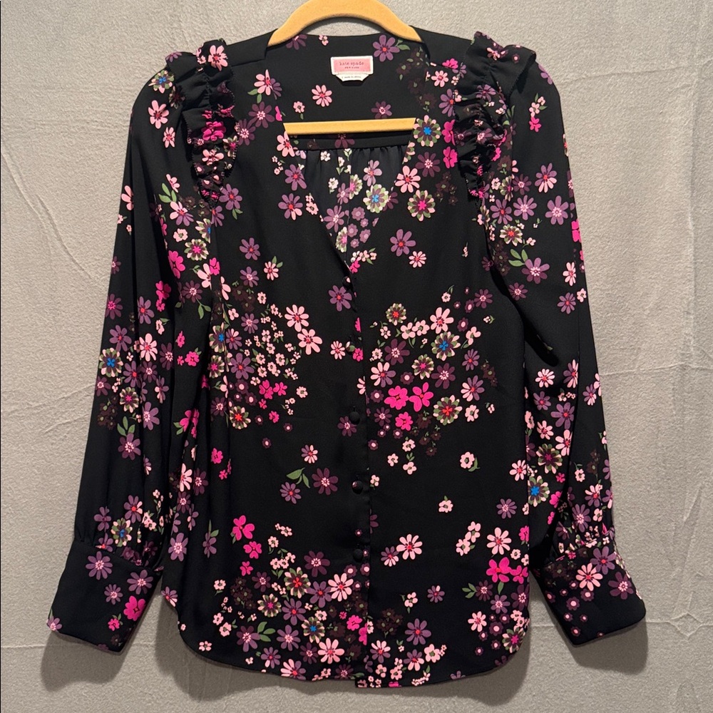 Kate Spade Women's Bora Flora Black Long Sleeve Top Size Medium